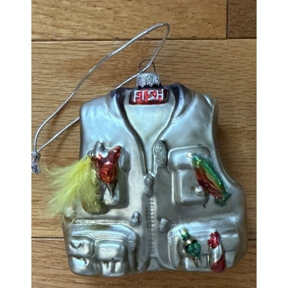 Ornament Fishing Vest Holiday Decor Glass Hand Painted - Picture 1 of 6